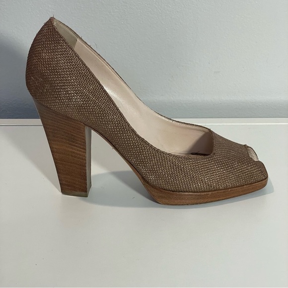 Sergio Rossi Brown Pearlized Linen Fabric Open Toe Heel Slip On Pump  Shoe Sz 36 - Picture 4 of 10